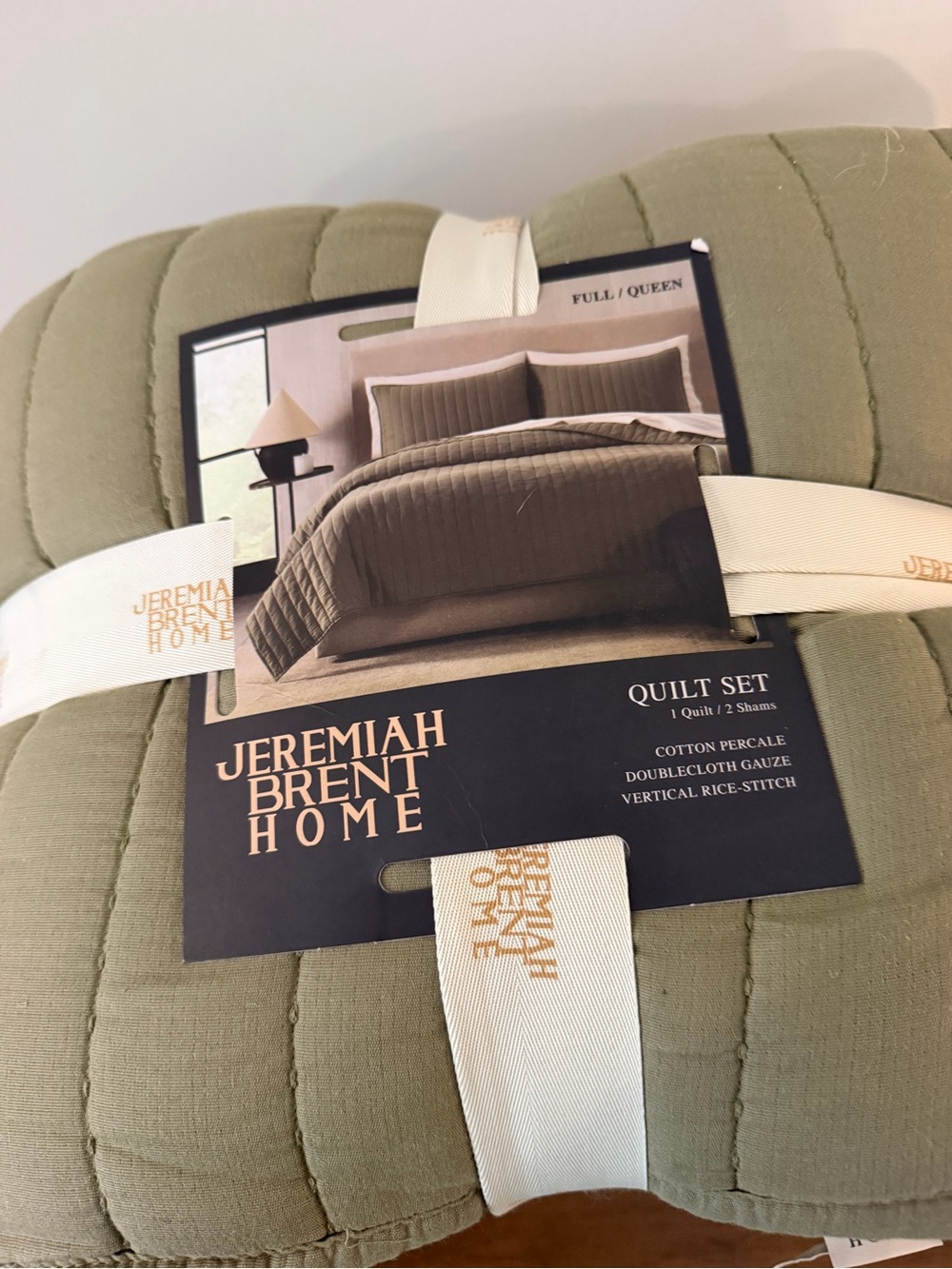 NWT Jeremiah Brent Home Full Queen Quilt Set Olive Green Cotton Gauze